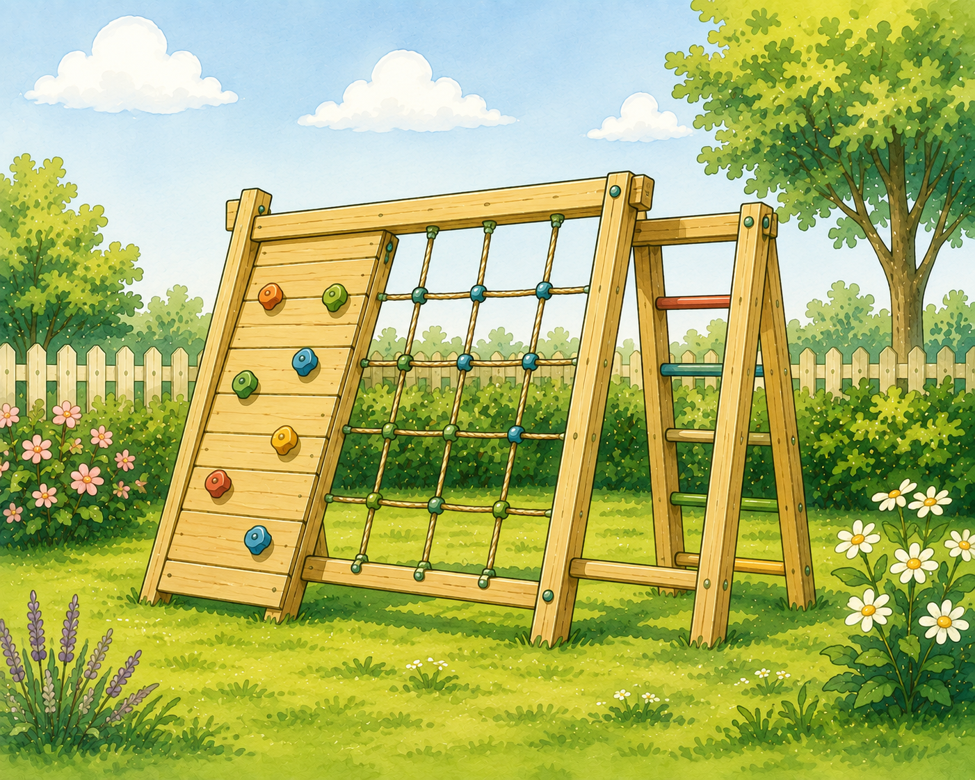 Illustration eines Klettergeräts in einem Garten