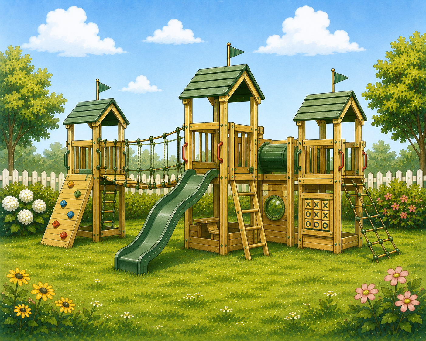 Illustration einer modularen Spielanlage in einem Garten