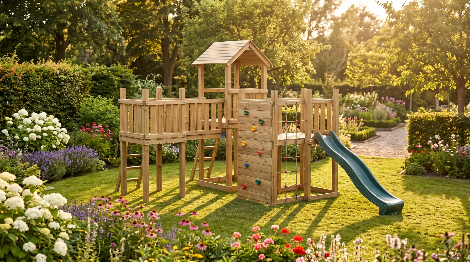 Erweiterbare Spielanlage aus Holz in einem privaten Garten