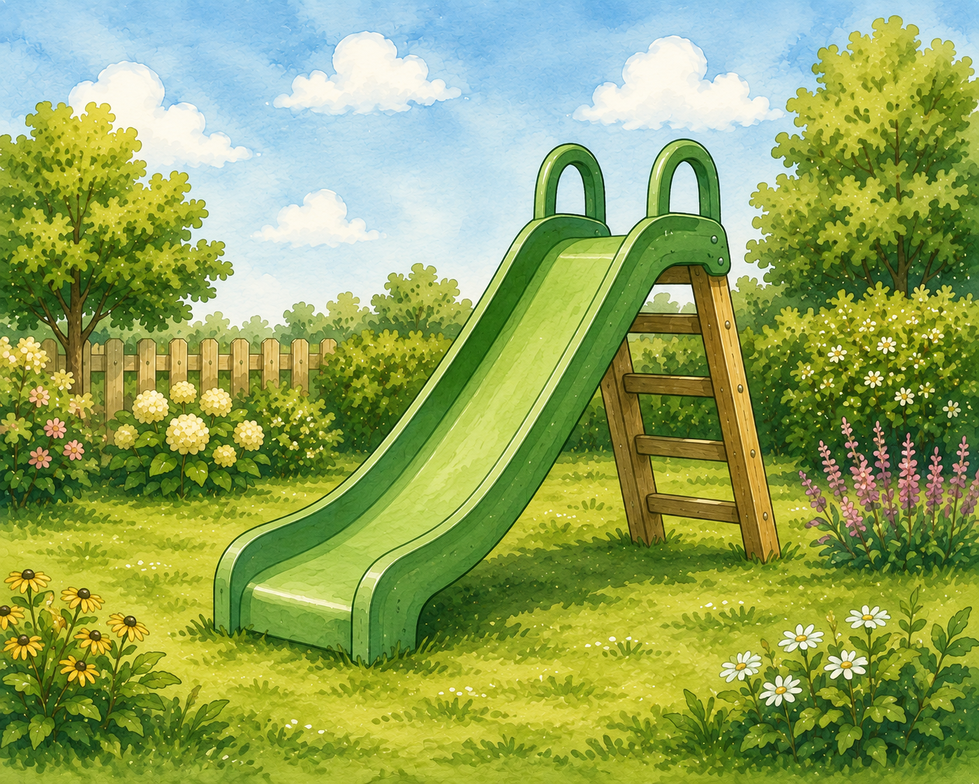 Illustration einer Rutsche in einem Garten