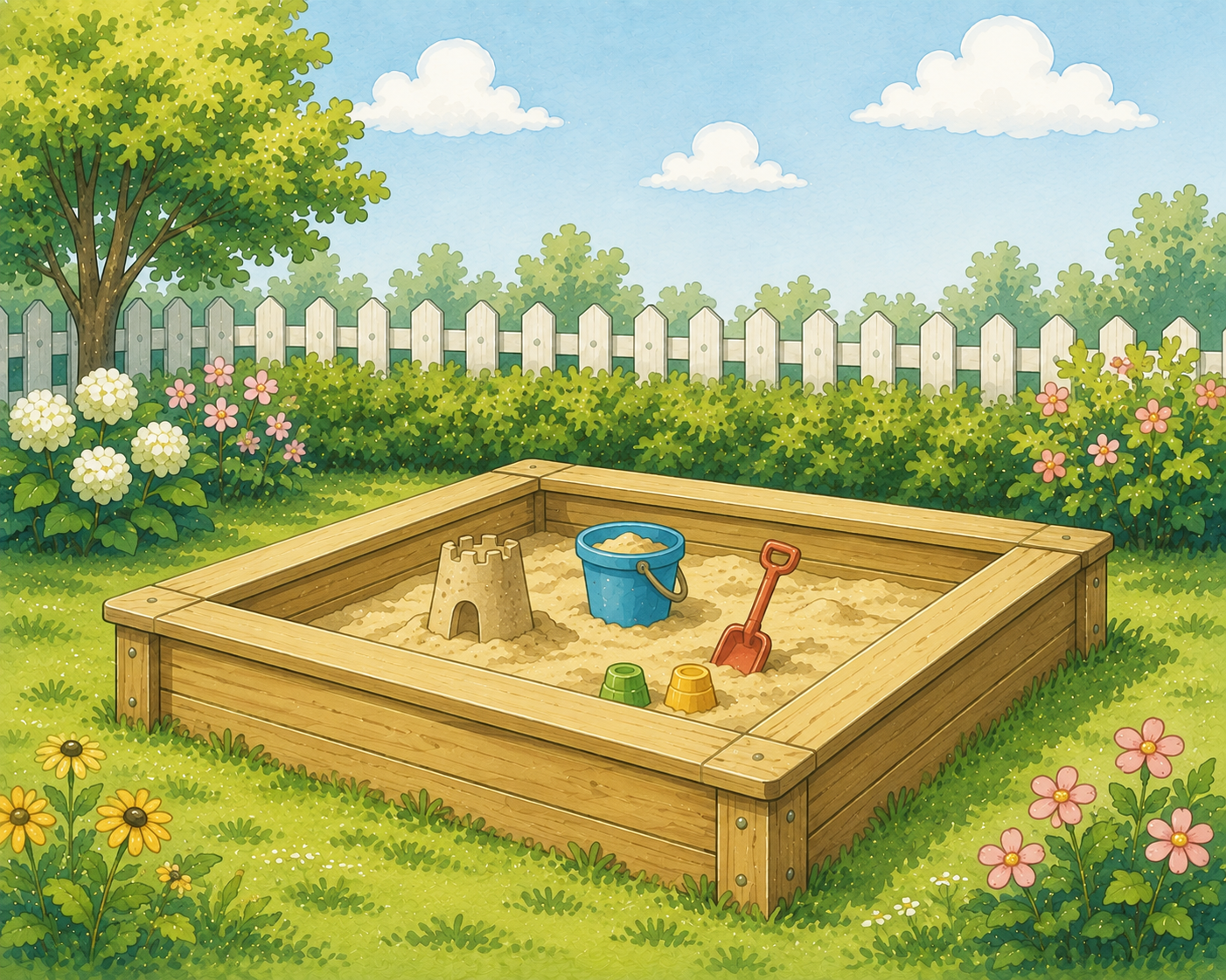 Illustration eines Sandkastens in einem Garten