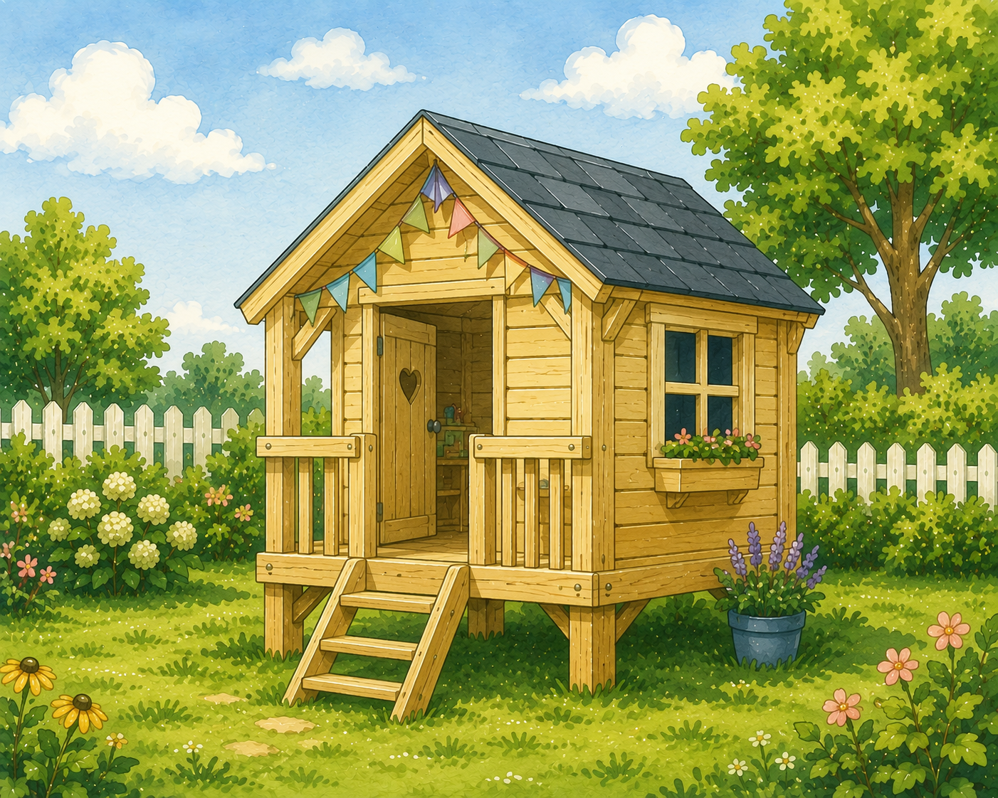 Illustration eines Spielhauses in einem Garten