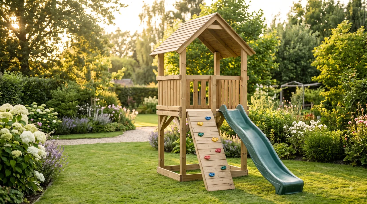 Hölzerner Spielturm in einem privaten Garten