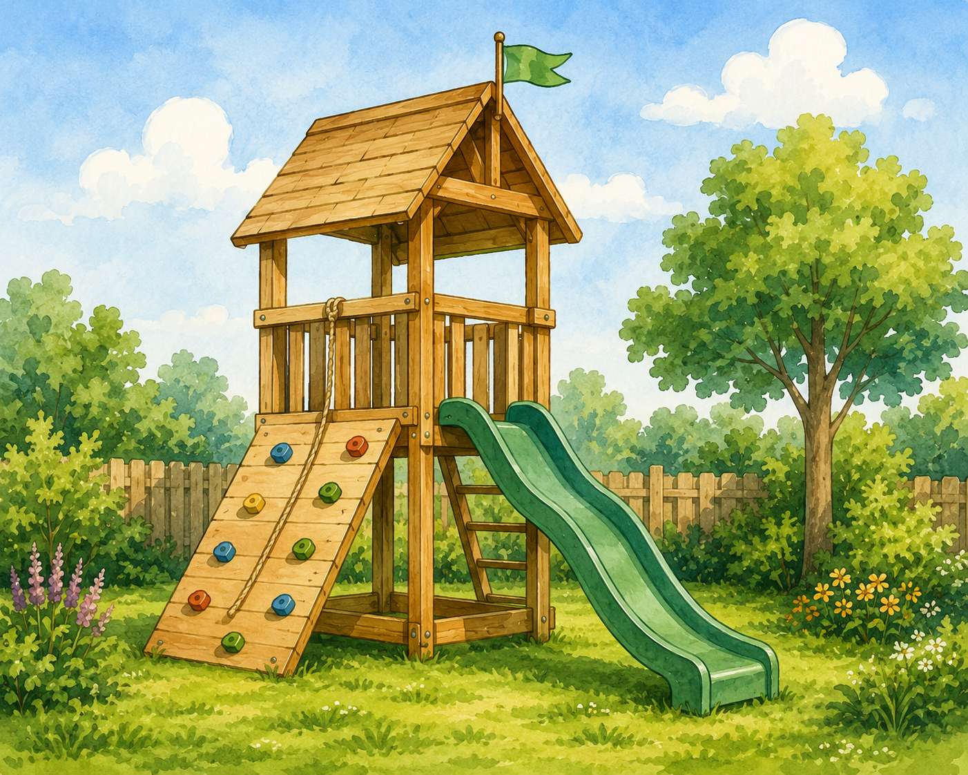Illustration eines Spielturms in einem Garten
