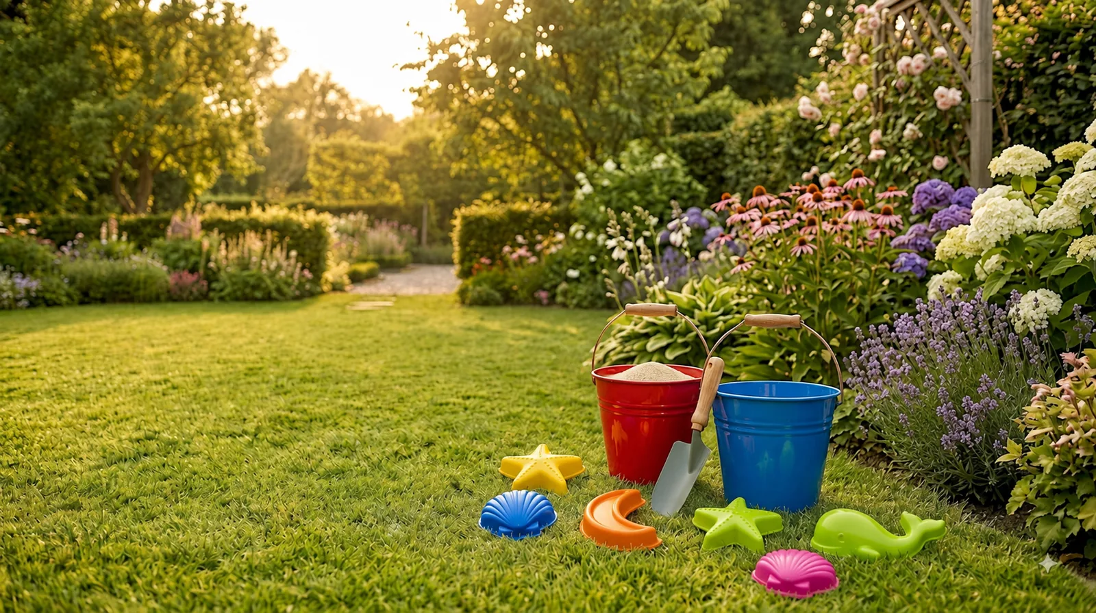 Buntes Sandspielzeug in einem privaten Garten